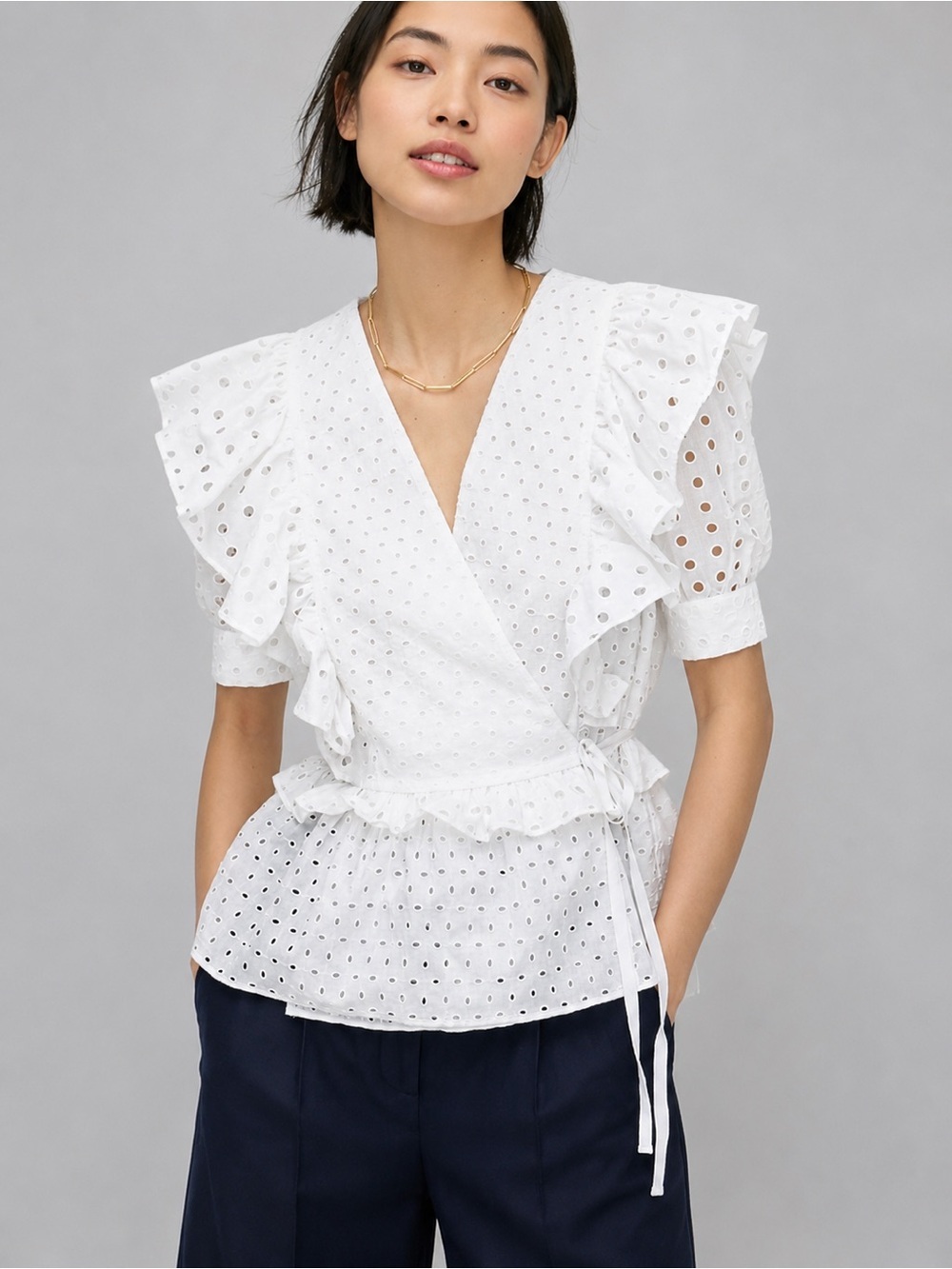 J Crew White Eyelet Ruffle Wrap Blouse Cotton Cottagecore Shirt AW838 Girly XS